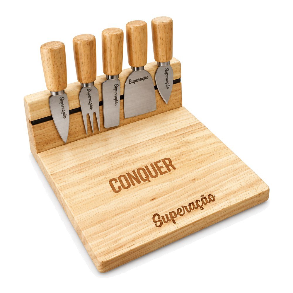 Kit Queijo em Madeira com 5 Utensílios Personalizado