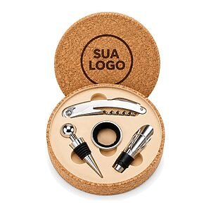 Kit Vinho 4 Peças em Estojo Redondo de Cortiça Personalizado