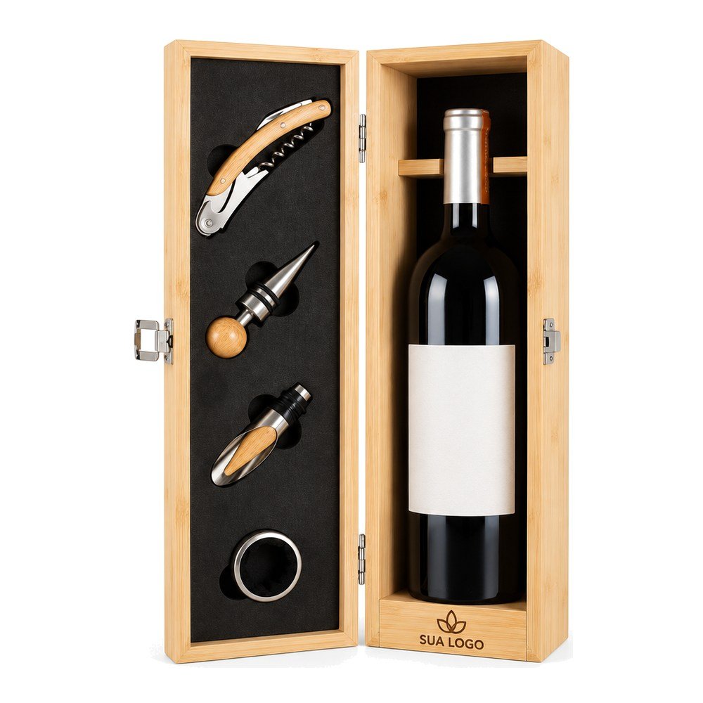 Kit Vinho Baú de Bambu para Garrafa Personalizado