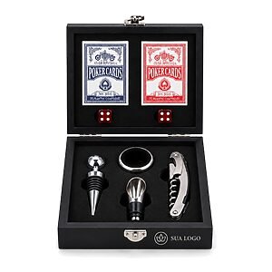 Kit Vinho com Baralho e Dados Personalizado