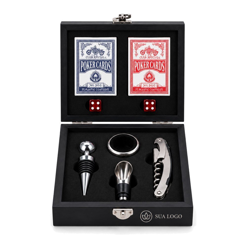 Kit Vinho com Baralho e Dados Personalizado